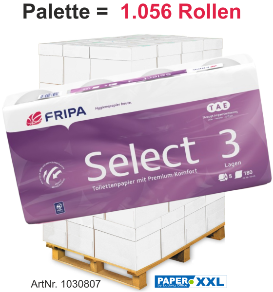 Fripa-Toilettenpapier "SELECT TAE®" 8x180 Blatt, 3-lagig, ca. 10 x 13 cm - Palette = 1.056 Rollen