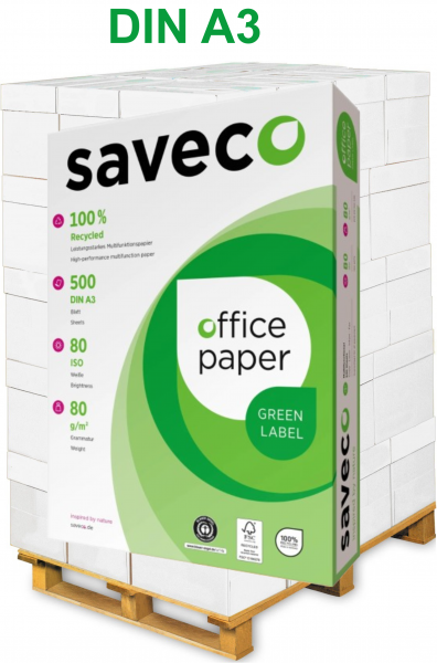 Saveco GREEN Label Recyclingpapier / Kopierpapier, 80 g/m², DIN A3 - Palette = 50.000 Blatt