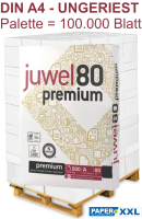 Juwel 80 PREMIUM Kopierpapier UNGERIEST (Maxibox ), 80 g/m², DIN A4 - Palette = 100.000 Blatt Juwel 80 PREMIUM Kopierpapier UNGERIEST (Maxibox ), 80 g/m², DIN A4 - Palette = 100.000 Blatt