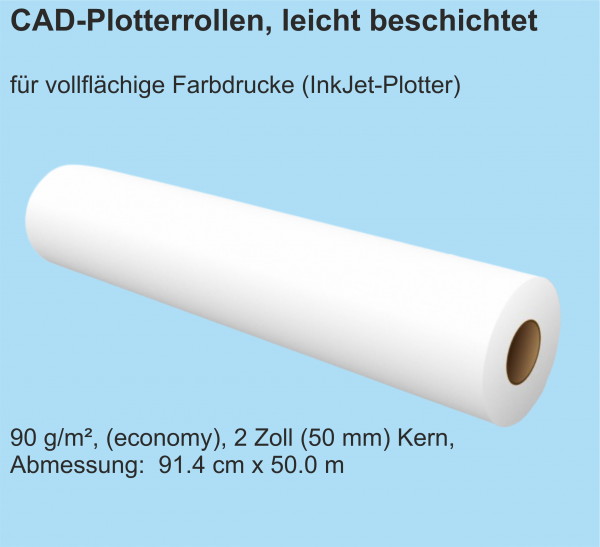 CAD Plotterrollen, leicht beschichtet, opak, 90 g/m², 2 Zoll (50 mm) Kern, 91.4 cm x 50.0 m