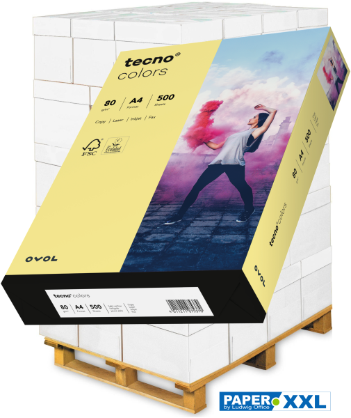 tecno COLORS hellgelb, farbiges Kopierpapier, 80 g/m², DIN A4 - Palette = 100.000 Blatt