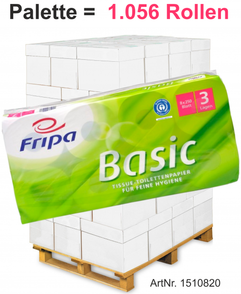 Fripa-Toilettenpapier "BASIC" 8x250 Blatt, 3-lagig, recycelt, 10x12 cm - Palette = 1.056 Rollen