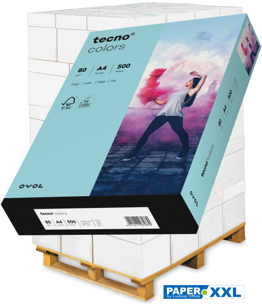 tecno COLORS mittelblau, farbiges Kopierpapier, 80 g/m², DIN A4 - Palette = 100.000 Blatt