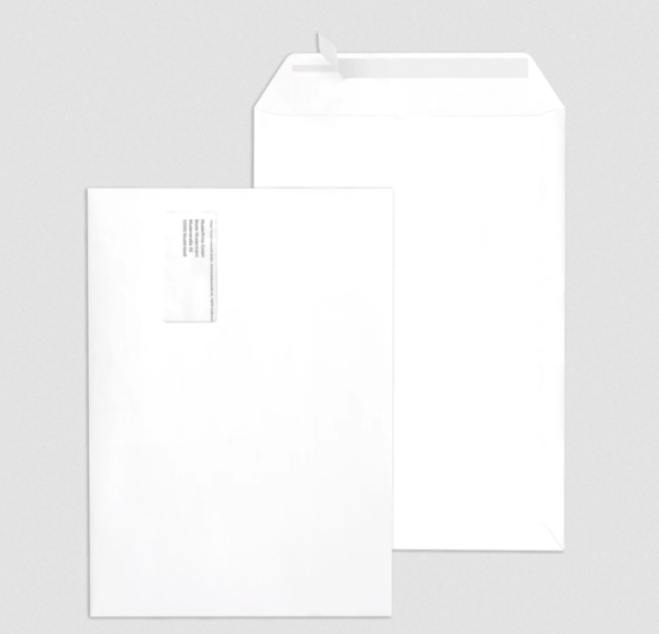 Adressfeldtaschen mit Fenster weiß 120 g/m², DIN B4 (250 x 353 mm) haftklebend