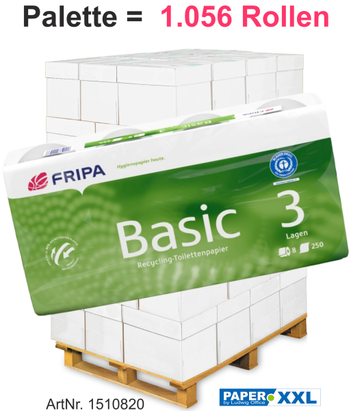 Fripa-Toilettenpapier "BASIC" 8x250 Blatt, 3-lagig, recycelt, 10x12 cm - Palette = 1.056 Rollen