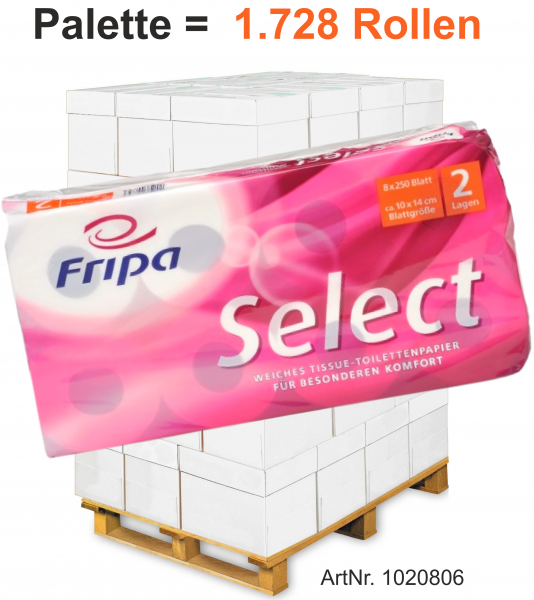 Fripa-Toilettenpapier "SELECT" 8x250 Blatt, 2-lagig, hochweiß, ca. 10x14cm - Palette = 1.728 Rollen