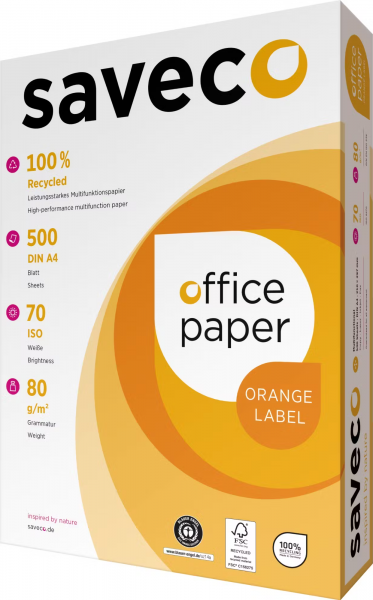 Saveco ORANGE Label Recyclingpapier / Kopierpapier, 80 g/m², DIN A4