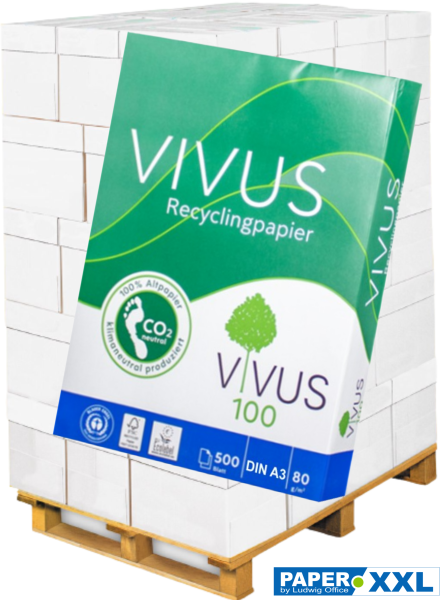 VIVUS 100 Recyclingpapier, 80 g/m², DIN A3, CO₂-neutral - Palette = 50.000 Blatt