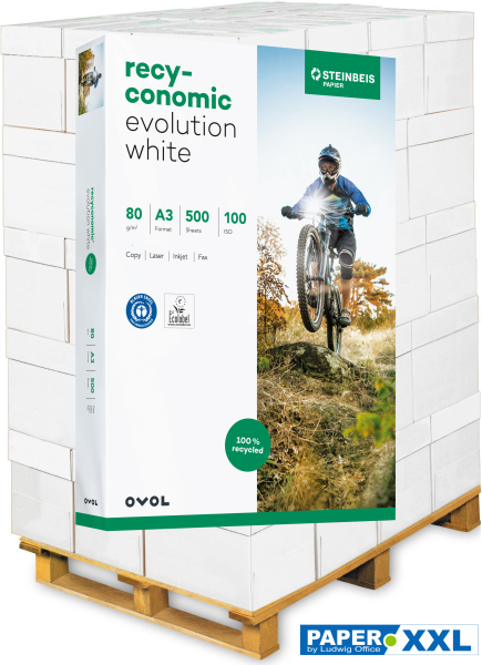 Recyconomic EVOLUTION White Recyclingpapier, 80 g/m², DIN A3 - Palette = 50.000 Blatt