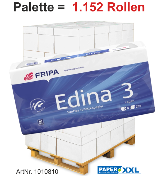 Fripa-Toilettenpapier "EDINA" 8x250 Blatt, 3-lagig, hochweiß, ca. 94x110mm - Palette = 1.152 Rollen