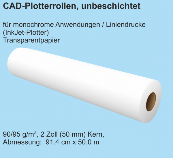 CAD Plotterrollen, unbeschichtet, Transparentpapier, 90/95 g/m², 2 Zoll (50 mm) Kern, 91.4 cm x 50.0