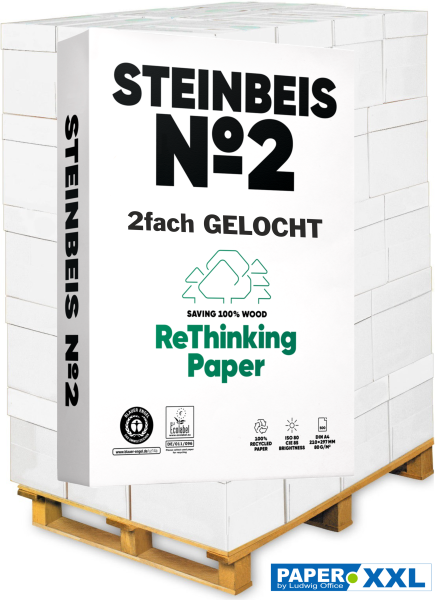 Steinbeis No.2 Kopierpapier, 80 g/m², DIN A4, 2fach GELOCHT - Palette = 100.000 Blatt