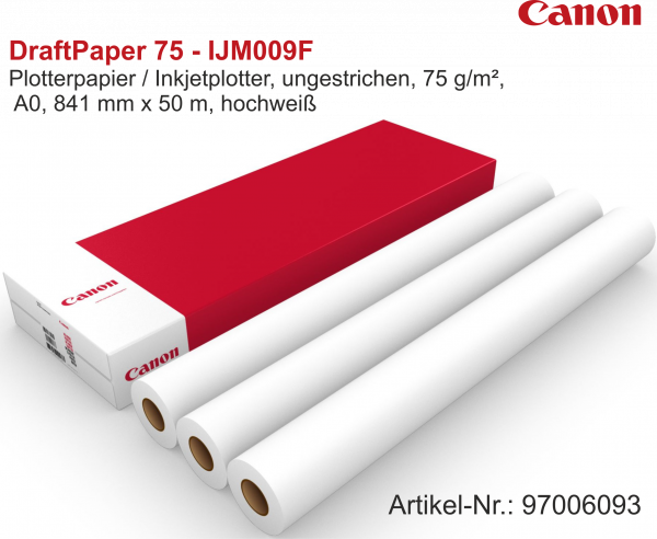 Canon Plotterpapier, DraftPaper 75 - IJM009F, 75 g/m², 2 Zoll (50,8 mm) Kern, 841 mm x 50 m (A0)