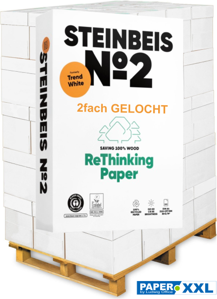 Steinbeis No.2 Kopierpapier, 80 g/m², DIN A4, 2fach GELOCHT - Palette = 100.000 Blatt