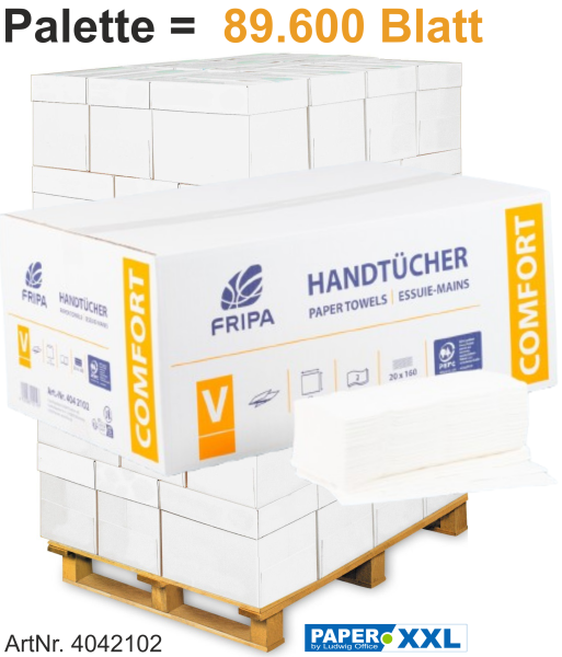 Fripa-Papierhandtücher "COMFORT" 2-lagig, V-Falz, ca. 25 x 23 cm - Palette = 89.600 Blatt