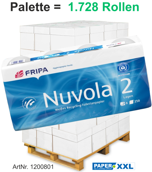 Fripa-Toilettenpapier "NUVOLA" 8x250 Blatt, 2-lagig, recycelt, hochweiß, 10x12 cm - Plt = 1.728 Rol.